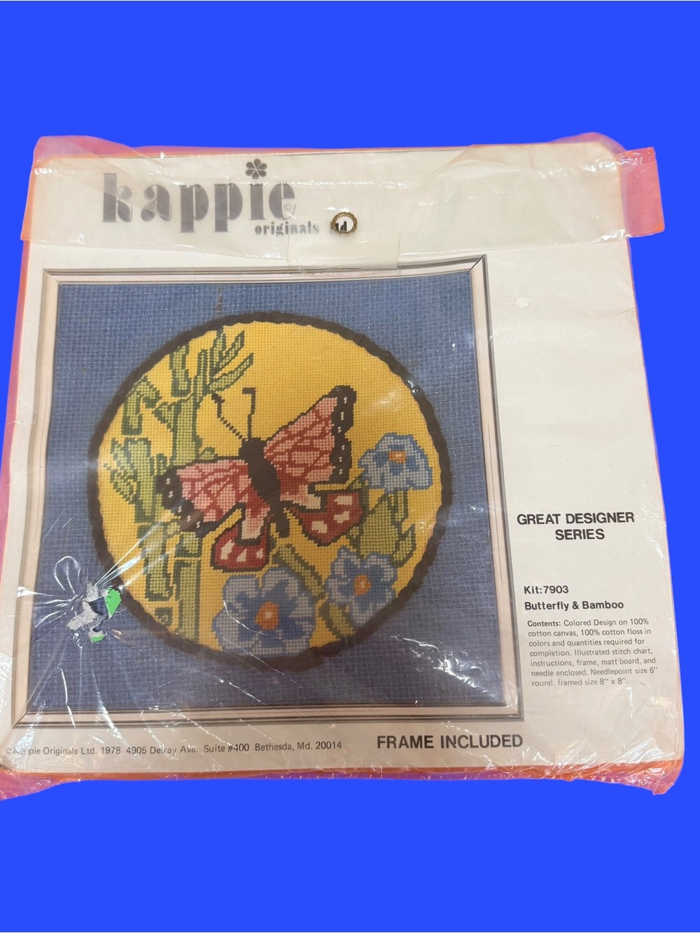 70s Butterfly & Bamboo Needlepoint Kit - Yellow, Blue, Pink